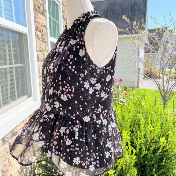LOFT Black Floral Sparkle Ruffle Neck Peplum Blouse Size Medium Petite - Picture 9 of 10